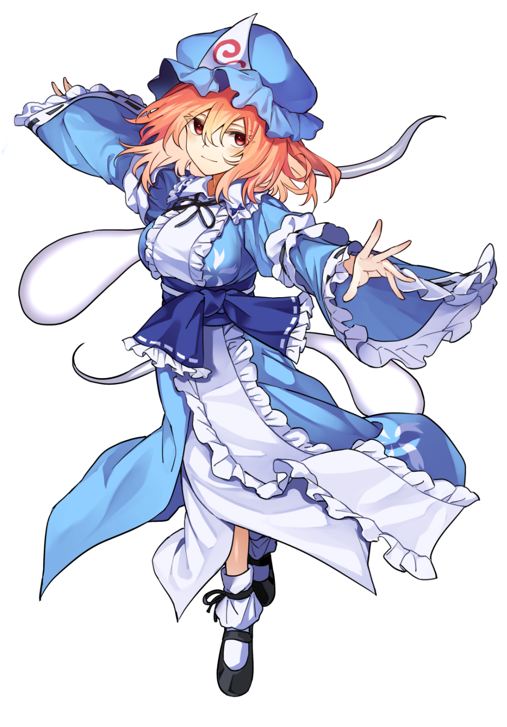 1girl black_shoes blue_hat blue_kimono blush breasts center_frills closed_mouth frilled_kimono frilled_sleeves frills full_body game_cg hakurei_frontier_spell_strive hat highres hitodama japanese_clothes kimono long_sleeves looking_at_viewer manarou mary_janes mob_cap official_art outstretched_arms petal_print pink_eyes pink_hair print_kimono saigyouji_yuyuko shoes sleeve_garter smile socks solo spread_arms third-party_source touhou transparent_background triangular_headpiece white_socks wide_sleeves