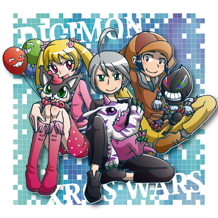 blonde_hair blush digimon digimon_xros_wars digimon_xros_wars:_toki_wo_kakeru_shounen_hunter-tachi dracumon hair_ornament hairpin long_hair mogami_ryouma opossummon pink_eyes psychemon suzaki_airu tobari_ren twintails
