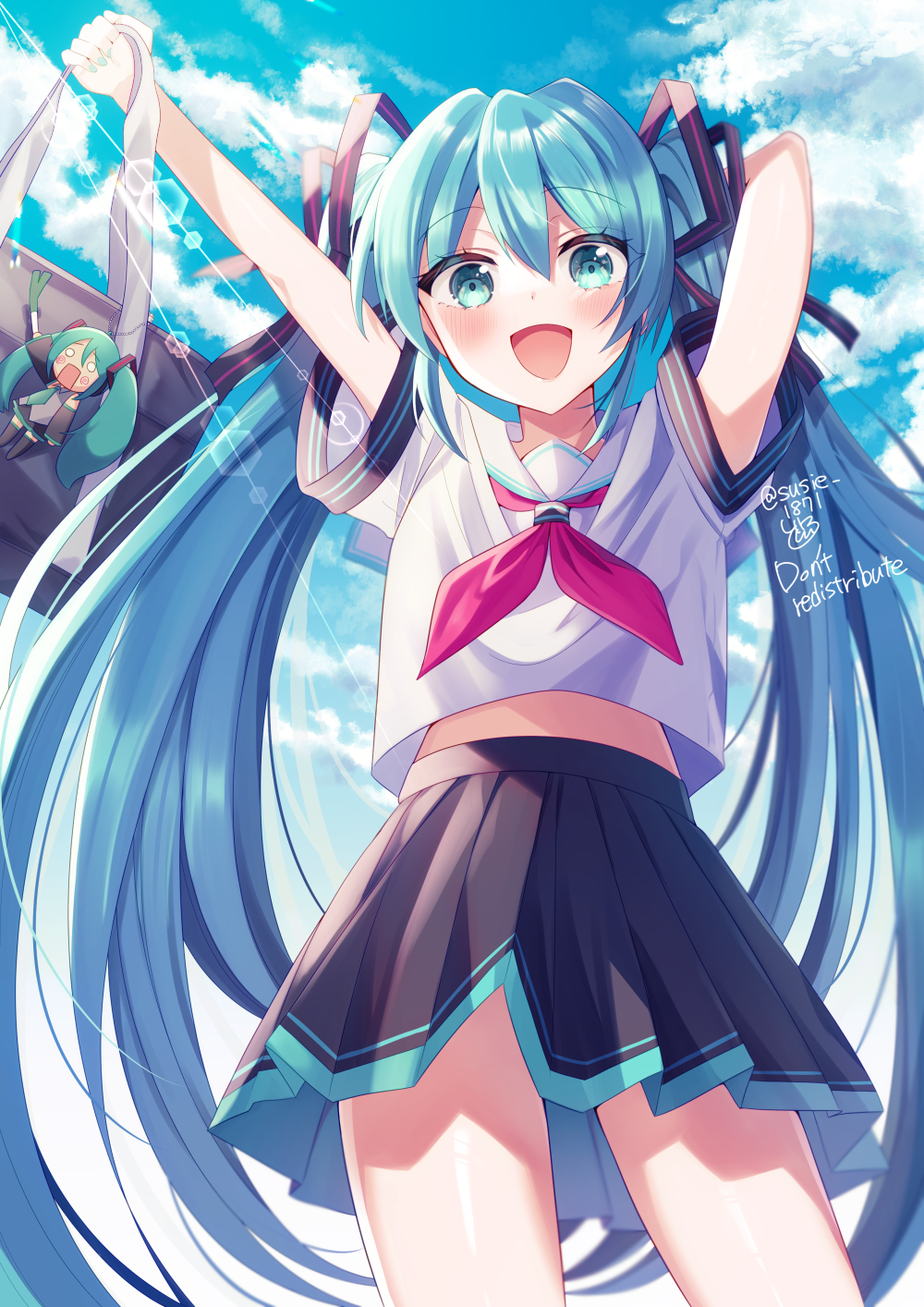 1girl 2girls alternate_costume aqua_eyes aqua_hair blue_eyes blue_hair doroshii food hachune_miku hatsune_miku highres holding holding_food holding_spring_onion holding_vegetable long_hair looking_at_viewer multiple_girls school_uniform serafuku smile solo spring_onion twintails vegetable very_long_hair vocaloid