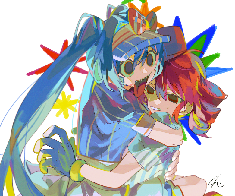 2girls apron artist_name black_eyes black_mouth blue_dress blue_gloves blue_hair blue_hat blue_shirt bow commentary crazy curled_fingers diagonal-striped_bow dress drill_hair empty_eyes gloves hair_between_eyes hashtag-only_commentary hat hat_bow hatsune_miku hug kasane_teto long_hair looking_afar looking_ahead mesmerizer_(vocaloid) multiple_girls nervous_smile nervous_sweating open_mouth pinstripe_dress pinstripe_hat pinstripe_pattern red_bow red_eyes red_hair red_hat senzzang sharp_teeth shirt signature smile striped_clothes striped_shirt sweat symbol-only_commentary teeth thousand_yard_stare tongue tongue_out tridecagram twin_drills twintails utau vertical-striped_clothes vertical-striped_shirt very_long_hair visor_cap vocaloid waist_apron white_apron white_background white_bow white_shirt