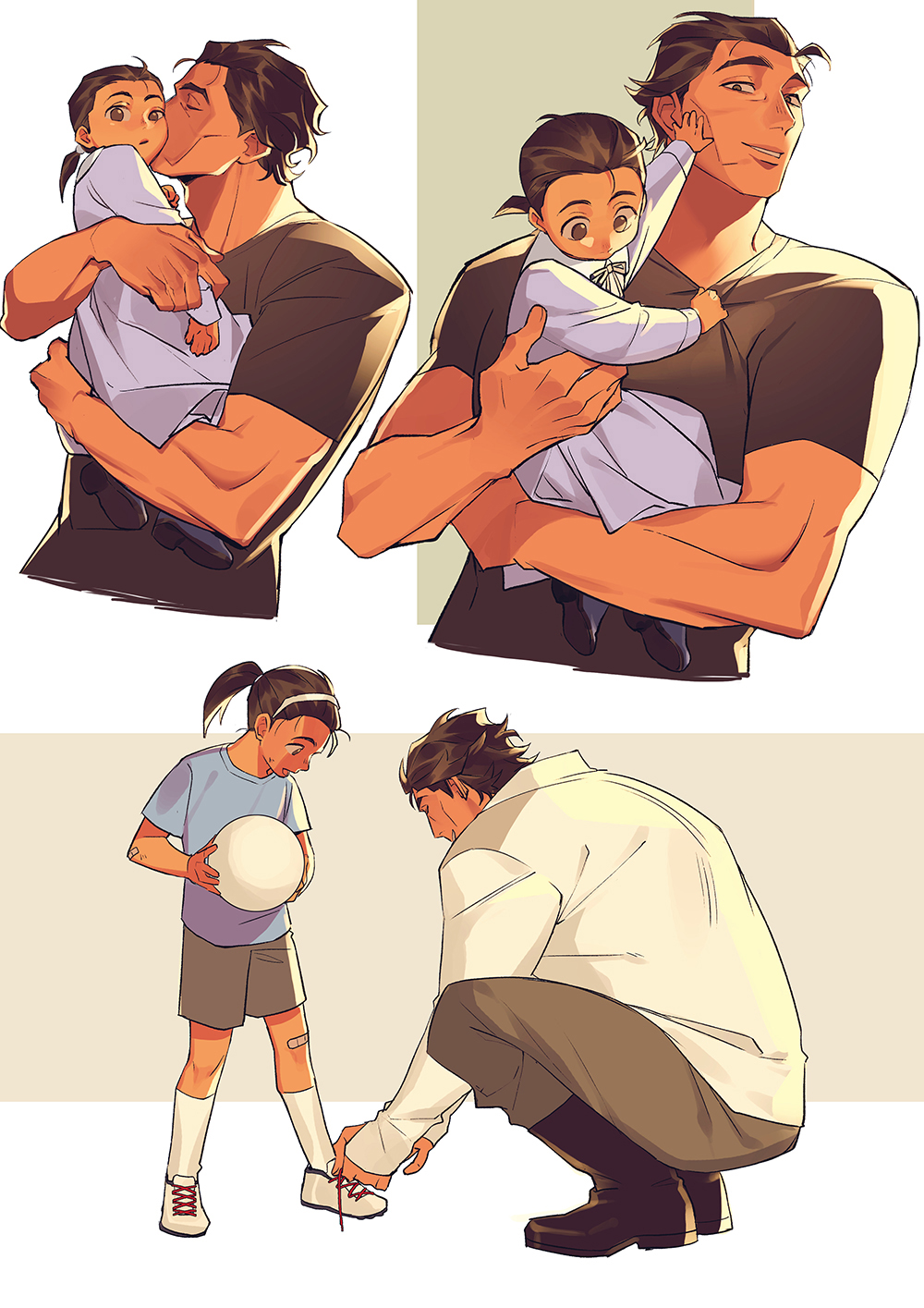 1boy 1girl ball bandages black_footwear black_shirt blue_shirt brown_eyes brown_hair brown_pants child closed_eyes clothes_grab dark-skinned_female dark-skinned_male dark_skin father_and_daughter gabriella_o&#039;hara headband highres kiss kissing_cheek marvel miguel_o&#039;hara muscular muscular_arms oz_174 pants ponytail pushing_away pushing_face shirt shirt_grab shoes short_hair shorts simple_background smile sneakers spider-man:_across_the_spider-verse spider-man:_into_the_spider-verse spider-man_(series) spider-verse teeth two-tone_background tying_footwear white_headband white_shirt white_sneakers