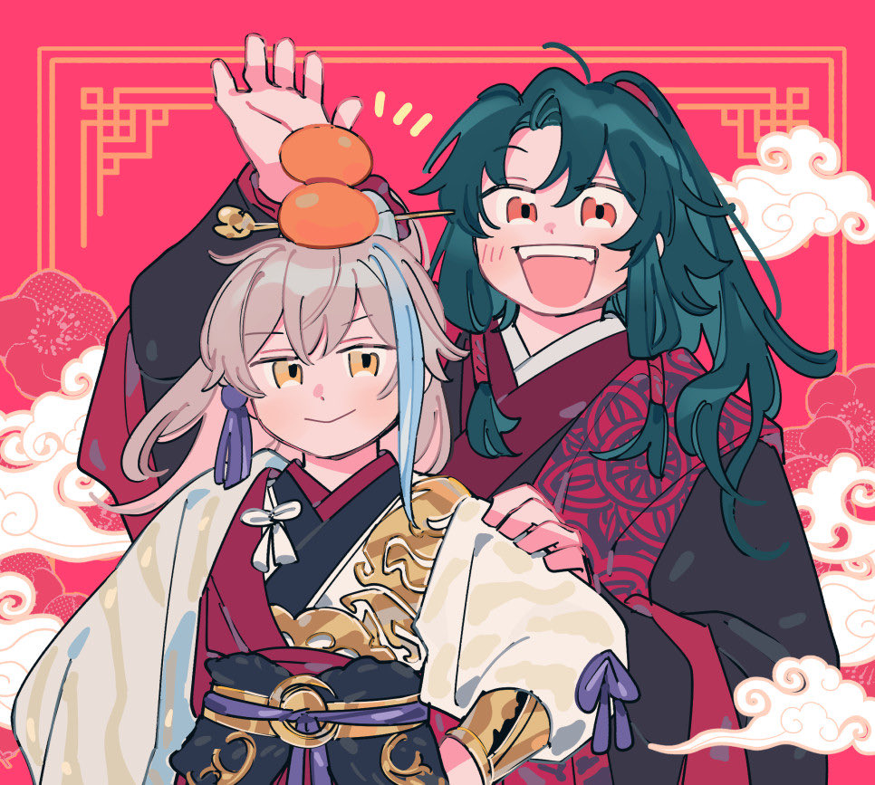 2boys archer_(fate/samurai_remnant) arm_guards black_hanfu blue_hair chinese_clothes chinese_hairpin chinese_knot fate/samurai_remnant fate_(series) food fruit green_hair grey_hair hair_ornament hand_on_another&#039;s_shoulder hanfu high_ponytail layered_clothes long_hair low-tied_sidelocks multicolored_hair multiple_boys oneroom-disco open_mouth orange_(fruit) orange_eyes parted_bangs ponytail red_background red_hanfu red_robe robe sash sidelocks smile streaked_hair tassel tassel_hair_ornament xiao_guan_(headdress) yellow_eyes zheng_chenggong_(fate)