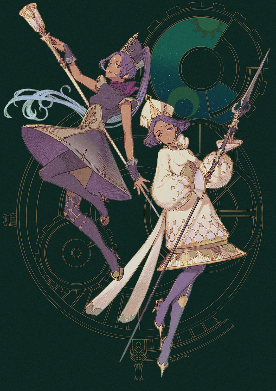 2girls aqua_hair artist_name black_background breasts dark-skinned_female dark_skin dress earrings gradient_hair hat high_heels highres holding holding_staff jewelry leg_up long_hair long_sleeves medium_breasts moryo multicolored_hair multiple_girls original parted_lips ponytail puffy_long_sleeves puffy_sleeves purple_dress purple_eyes purple_hair purple_legwear shadow short_hair signature sleeveless sleeveless_dress smile staff very_long_hair white_dress