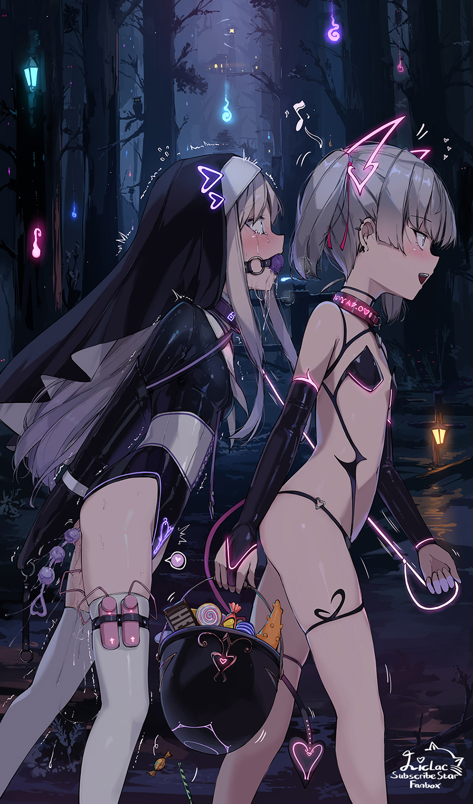 2girls anal_beads artist_name ball_gag basket bdsm black_gloves candy collar crying demon_tail ear_piercing elbow_gloves flat_chest food gag gloves grey_hair halloween heart highres hitodama holding holding_leash latex latex_leotard leash leotard liclac loli lollipop long_hair multiple_girls night nun o-ring open_mouth original outdoors piercing pussy_juice red_collar revealing_clothes sex_toy shiny_skin short_hair short_twintails sidelocks smile spoken_heart tail thighhighs trembling twintails vibrator walking white_thighhighs yuri
