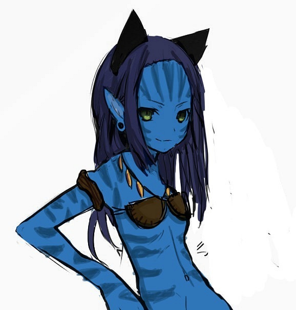 1girl animal_ears avatar_(2009_movie) blue_skin cat_ears cat_girl character_request colored_skin female_focus green_eyes james_cameron&#039;s_avatar jewelry koshochka looking_at_viewer necklace pointy_ears solo striped tagme transparent_background white_background