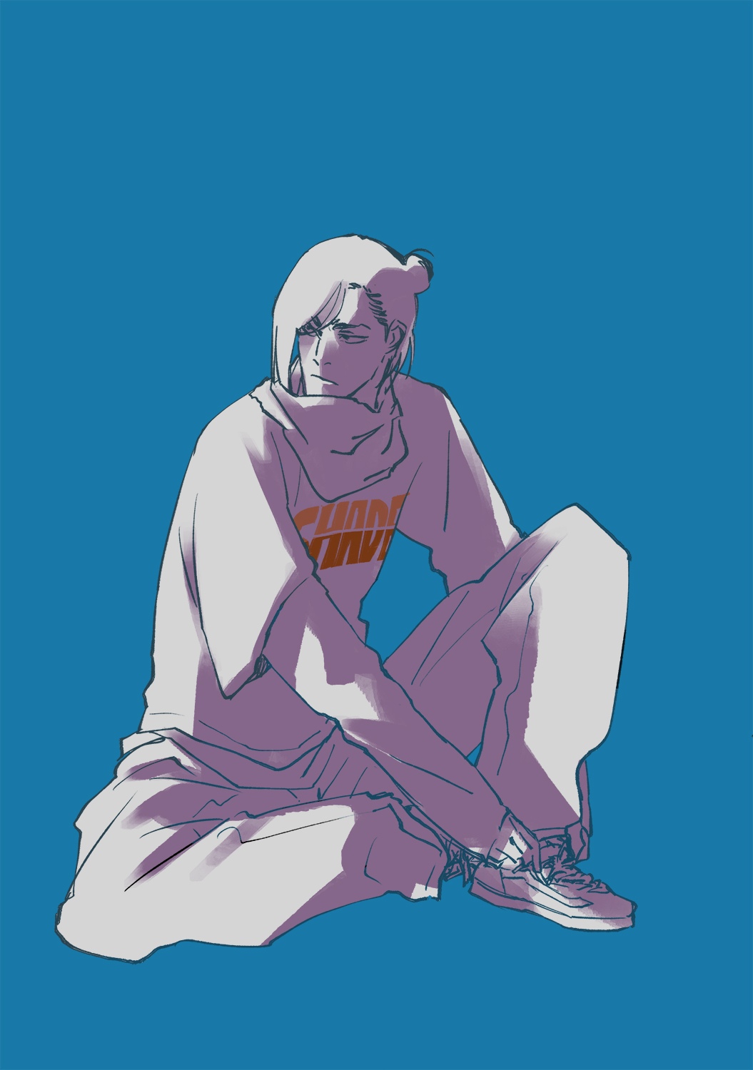 1boy bleach bleach:_sennen_kessen-hen hair_bun highres katakura_asuka kubo_tite male_focus pants partially_colored scarf shoes short_hair sitting solo sweater tying_footwear