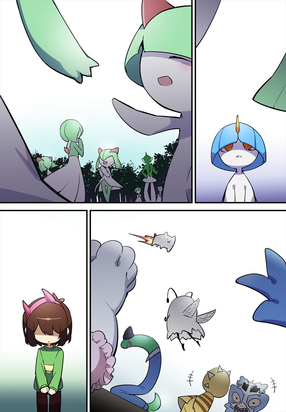 1other alternate_color comic crossover deltarune forest gallade gardevoir gen_3_pokemon gen_4_pokemon gradient_background hair_over_eyes hairband highres hp_nokoketaetouyona jockington_(deltarune) kirlia kris_(deltarune) monster_kid_(undertale) nature nintendo pokemon pokemon_(creature) ralts red_hairband shiny_and_normal shiny_pokemon smile snowdrake