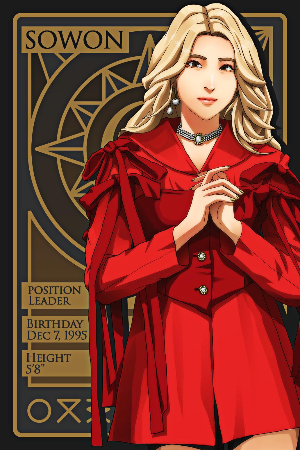 1girl artist_name_(singer) blonde_hair closed_mouth commentary corset cowboy_shot earrings gfriend highres jewelry k-pop long_hair long_sleeves looking_at_viewer necklace real_life red_corset renzengeki solo sowon_(gfriend) yellow_nails