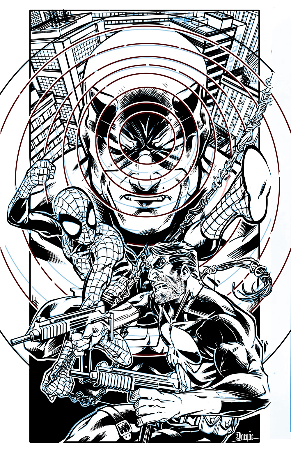 3boys artist_name city clenched_hand clenched_teeth commentary daredevil dual_wielding english_commentary gun highres holding holding_gun holding_weapon horns male_focus marvel mask michael_darque monochrome multiple_boys outside_border spider-man spider_web_print teeth the_punisher_(character) traditional_media weapon western_comics_(style)