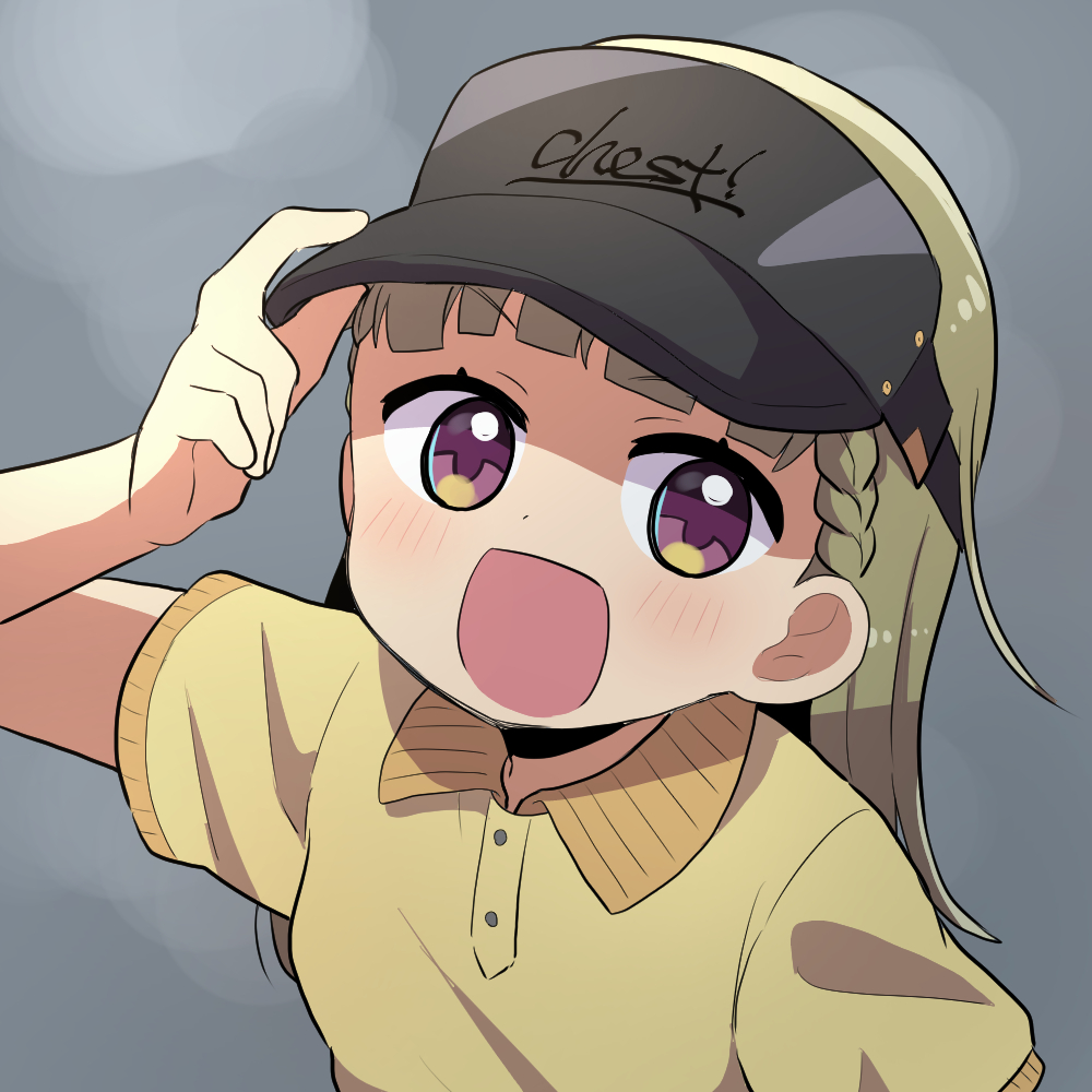 1girl :d black_visor blush braid brown_hair center-flap_bangs clothes_writing collared_shirt commentary_request grey_background kachimachi_kosuzu kachimachi_kosuzu_(summer_training_wear) link!_like!_love_live! long_hair looking_at_viewer love_live! massigura official_alternate_costume open_mouth pink_eyes polo_shirt shirt short_sleeves side_ahoge side_braids smile solo straight_hair upper_body v-shaped_eyebrows virtual_youtuber visor_cap yellow_shirt