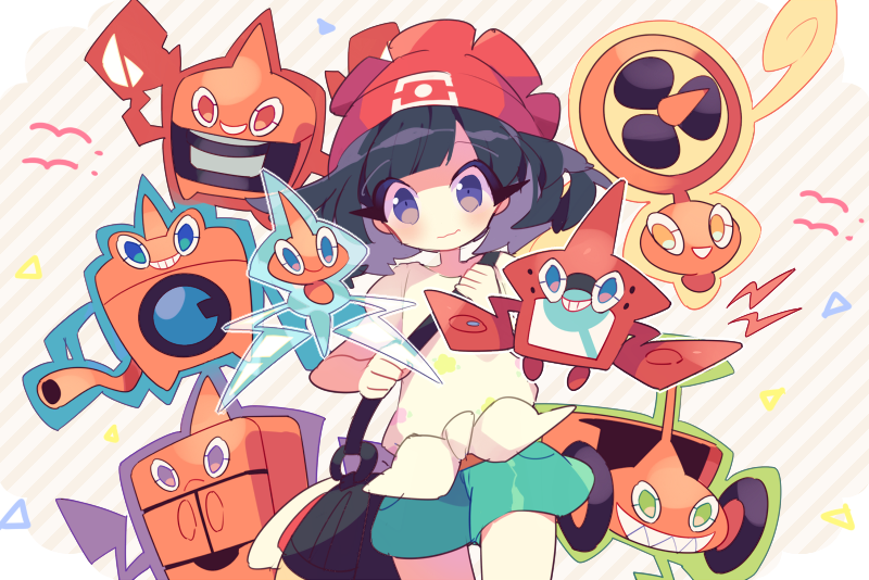 1girl beanie black_hair blush closed_mouth commentary_request cowboy_shot gen_4_pokemon green_shorts grey_eyes hat holding_strap looking_at_viewer nintendo pokemon pokemon_(creature) pokemon_sm red_headwear rotom rotom_(fan) rotom_(frost) rotom_(heat) rotom_(mow) rotom_(normal) rotom_(wash) rotom_dex selene_(pokemon) shirt shorts takashino_(noni-nani) tied_shirt wavy_mouth