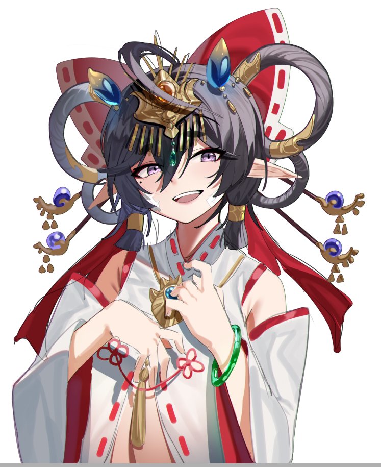 1girl ahoge alternate_breast_size bandage_on_cheek black_hair detached_sleeves flat_chest hair_ornament hair_rings hair_stick haitai_(haitai_umita) haitai_umita indie_virtual_youtuber looking_at_viewer nontraditional_miko open_mouth pointy_ears purple_eyes red_ribbon red_skirt ribbon skirt smile solo virtual_youtuber