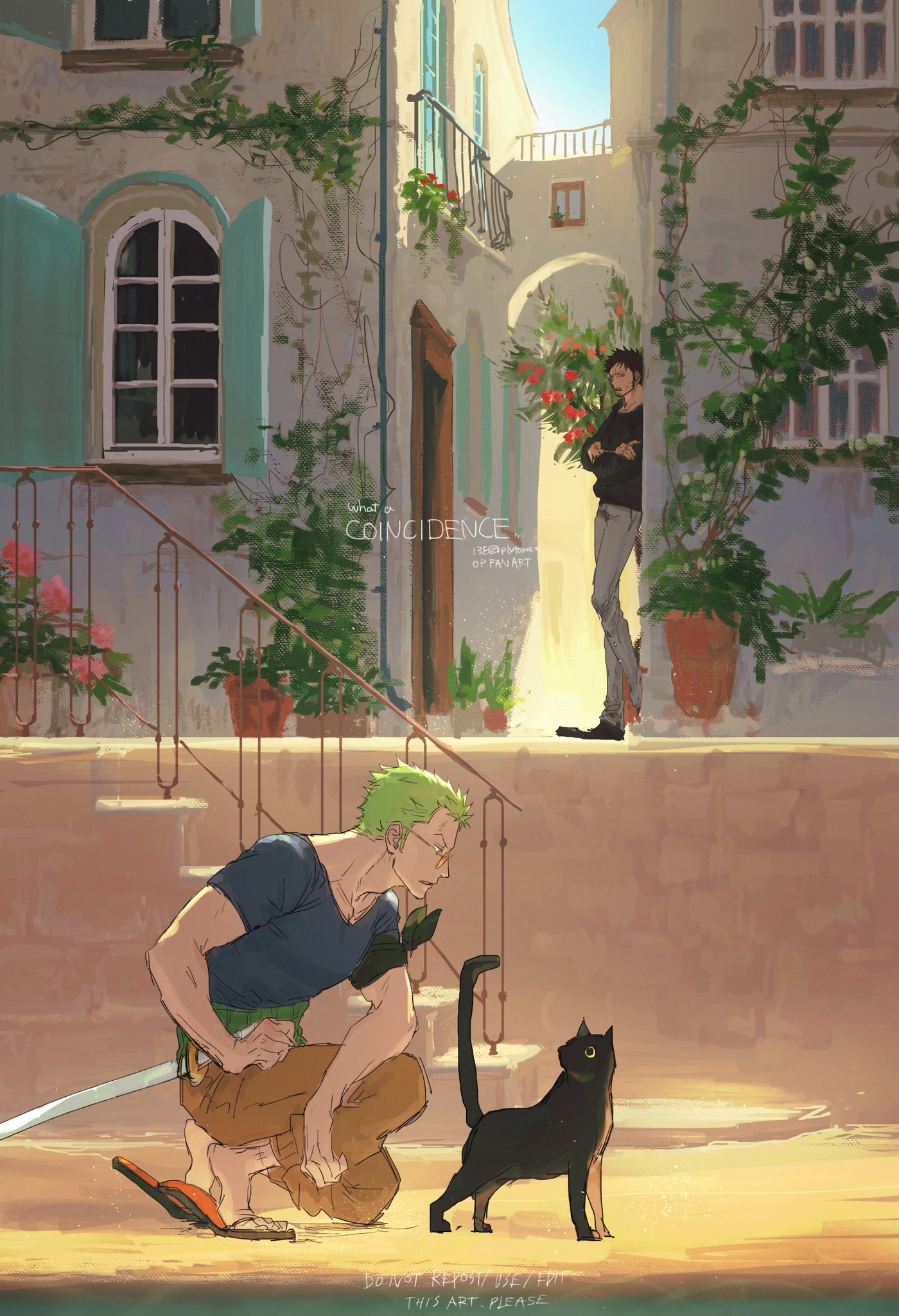 2boys against_wall animal black_cat black_hair brown_pants canvas_texture cat collarbone crossed_arms english_text glasses green_hair grey_pants highres long_sideburns looking_at_animal male_focus multiple_boys one_piece open_mouth outdoors pants parted_lips plant plytometo potted_plant roronoa_zoro sideburns squatting stairs summer trafalgar_law window window_shutter