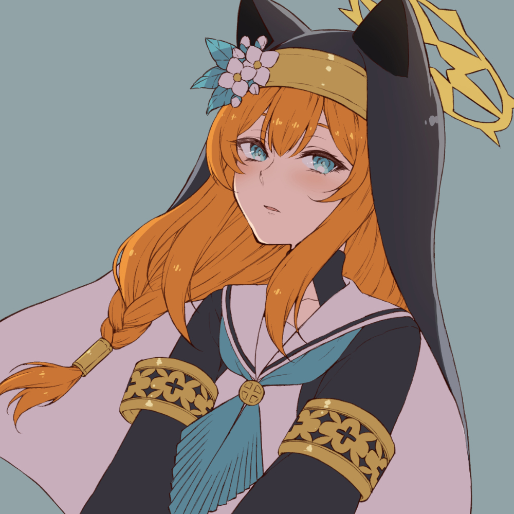 1girl blue_archive blue_eyes expressionless halo haruhito_(divineshalt) long_hair looking_at_viewer mari_(blue_archive) nun orange_hair parted_lips simple_background solo upper_body