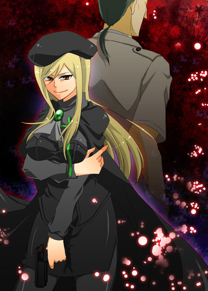 1boy 1girl back beret blonde_hair breasts brown_eyes cape gun handgun hat higurashi_no_naku_koro_ni kaminokago long_hair looking_at_viewer low_ponytail okonogi_tetsurou pantyhose parted_bangs pencil_skirt ponytail skirt smile takano_miyo weapon
