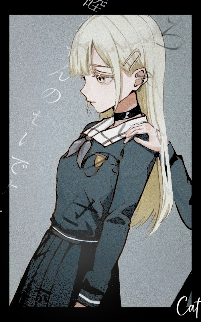 2girls bang_dream! bang_dream!_it&#039;s_mygo!!!!! black_border black_choker blonde_hair blue_serafuku blue_shirt blue_skirt border chinese_commentary choker closed_mouth commentary_request cowboy_shot expressionless grey_background grey_neckerchief hand_on_another&#039;s_shoulder huaxue_maomi long_hair long_sleeves multiple_girls nagasaki_soyo neckerchief out_of_frame pleated_skirt sailor_collar school_uniform serafuku shirt sidelocks signature skirt solo_focus source_quote standing translation_request tsukinomori_school_uniform wakaba_mutsumi white_sailor_collar winter_uniform yellow_eyes