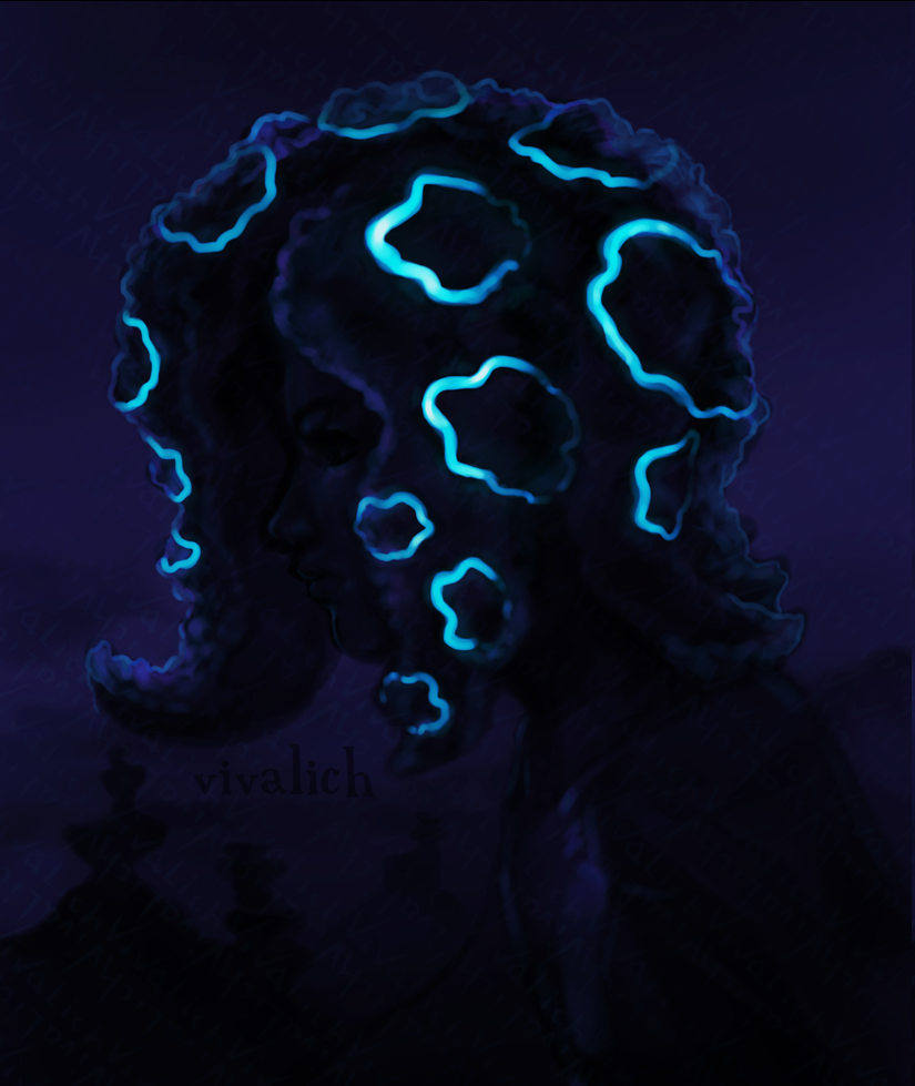 1girl artist_name blue_theme dark from_side glowing monochrome nintendo patterned_hair portrait profile solo splatoon_(series) splatoon_3 tao_blu tentacle_hair vivalich