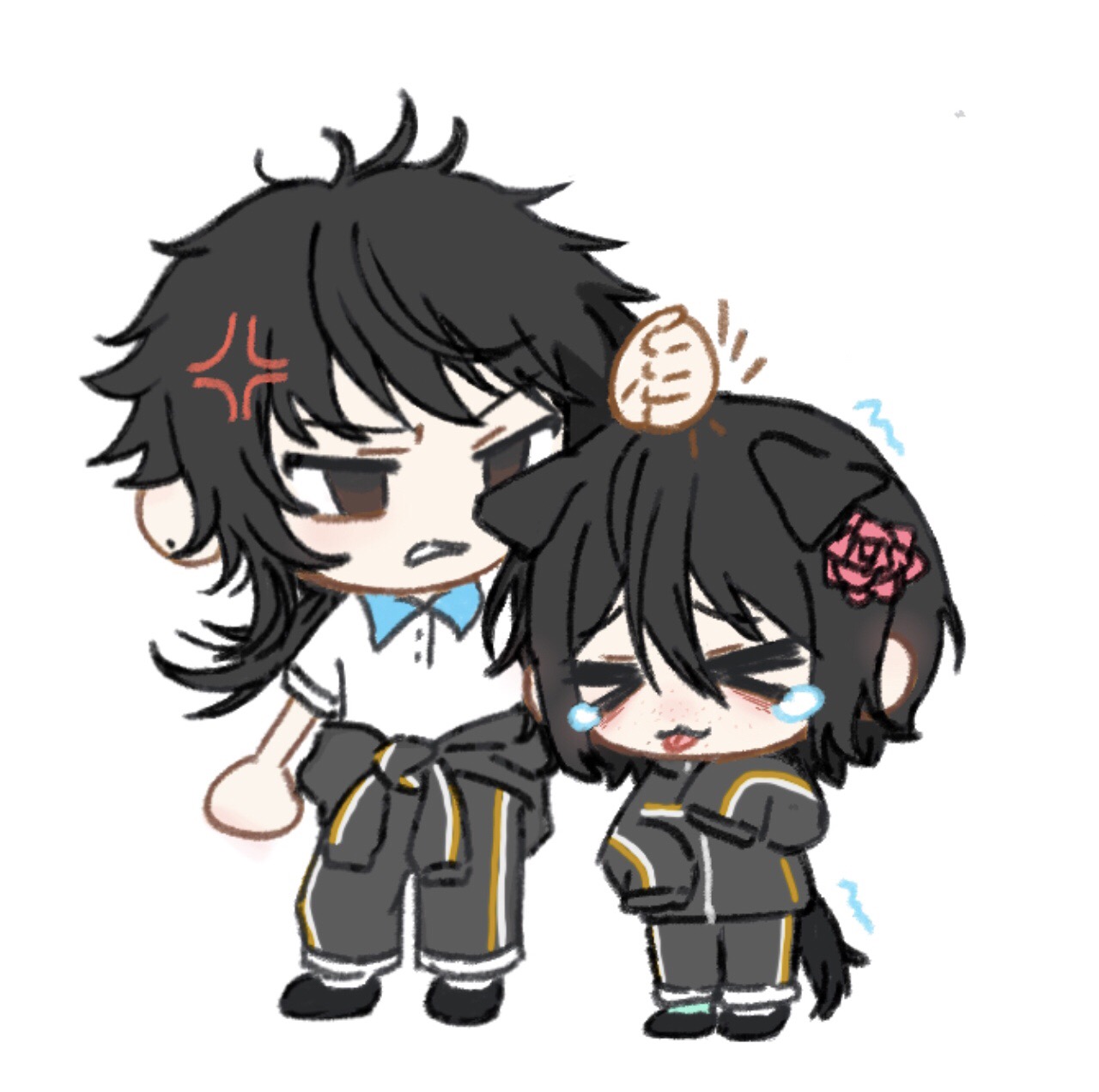 >_< 2boys :3 anger_vein animal_ears black_eyes black_hair black_jacket black_pants black_shoes bonk chibi chibi_only chinese_commentary closed_eyes clothes_around_waist collared_shirt commentary dog_boy dog_ears dog_tail flower fu_shun_(touqi_guaitan) fuzhaidaye hair_between_eyes hair_flower hair_ornament height_difference highres jacket jacket_around_waist kemonomimi_mode long_hair long_sleeves male_focus medium_hair multiple_boys pants pink_hair shirt shoes short_sleeves simple_background sleeves_past_fingers sleeves_past_wrists tail tearing_up tongue tongue_out touqi_guaitan white_background white_shirt x3 ziche_fuzhao