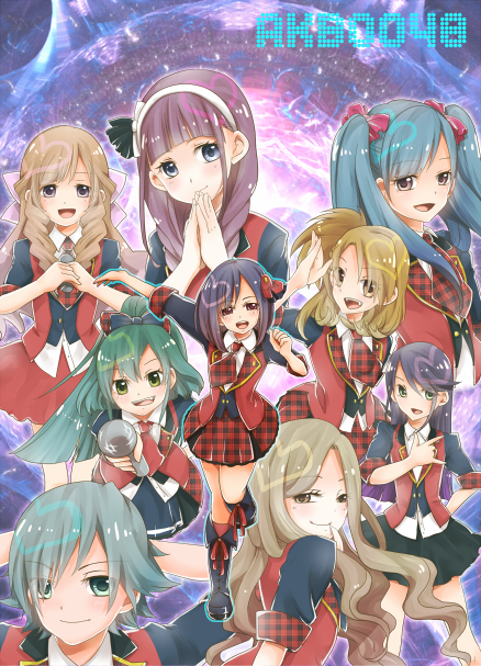 10s 6+girls akb0048 akimoto_sayaka_(akb0048) blush brown_hair curly_hair ecrown green_hair hairband heart itano_tomomi_(akb0048) kashiwagi_yuki_(akb0048) kojima_haruna_(akb0048) long_hair maeda_atsuko_(akb0048) microphone multiple_girls ooshima_yuuko_(akb0048) oshima_yuko_(akb0048) ponytail ribbon short_hair smile takahashi_minami_(akb0048) watanabe_mayu_(akb0048)