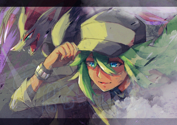 1boy black_hat blue_eyes commentary_request game_freak gen_5_pokemon green_hair hair_between_eyes hand_on_headwear hand_up hat long_hair male_focus n_(pokemon) nintendo open_mouth pokemon pokemon_(creature) pokemon_bw shirt smile smoke undershirt watermark wristband ysayoyuki zoroark
