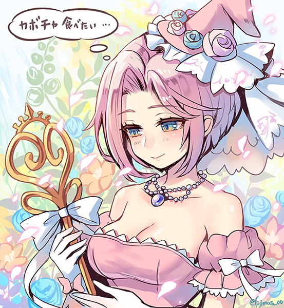 1girl bare_shoulders blonde_hair blue_eyes breasts bride closed_mouth dragalia_lost dress flower fujimaru_(green_sparrow) gloves hair_flower hair_ornament hat holding holding_staff jewelry large_breasts medium_hair necklace official_alternate_costume ribbon smile solo staff upper_body wedding_dress witch_hat xania
