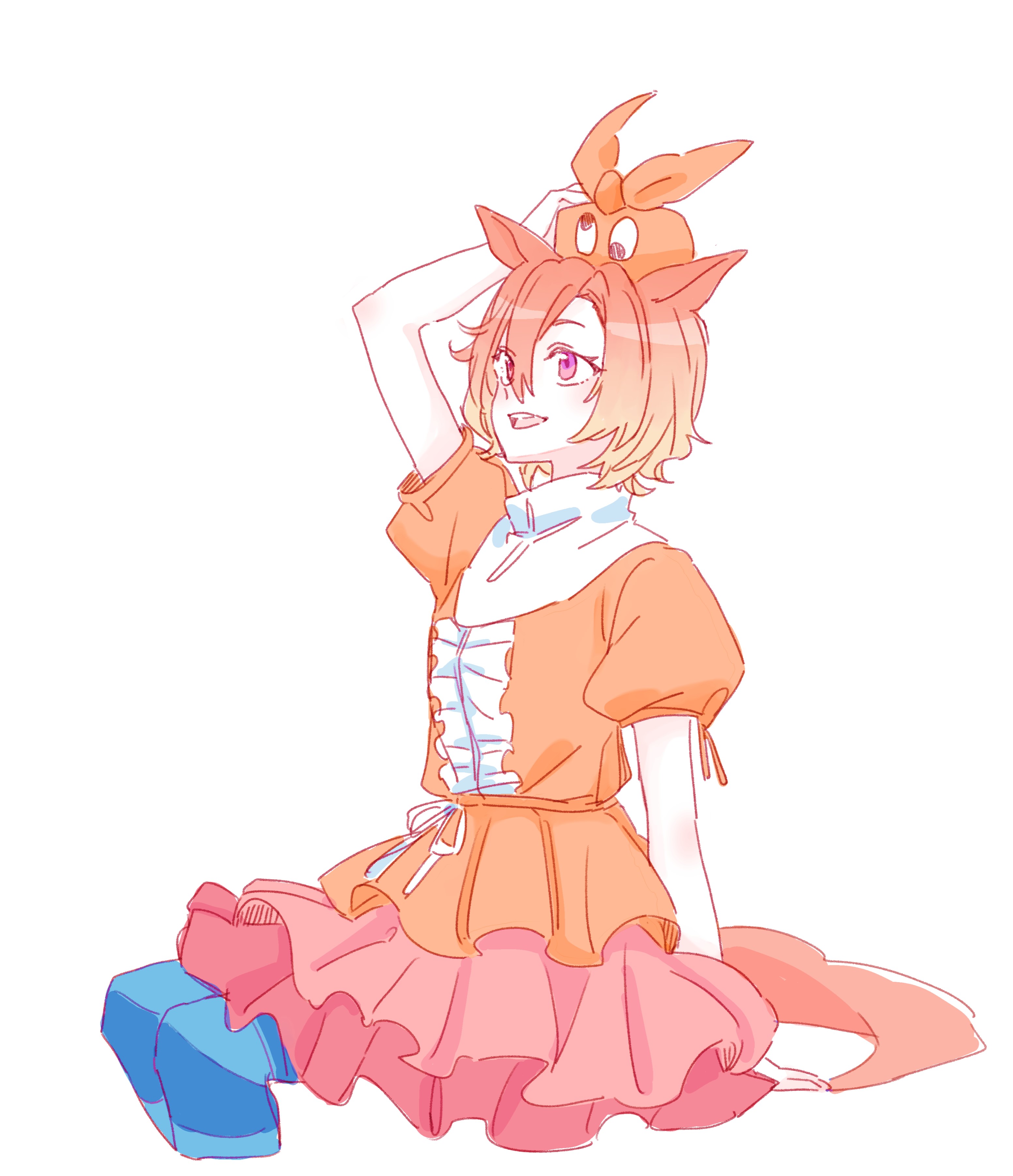 1girl :d absurdres animal_ears arm_up blue_pantyhose brown_hair cosplay cropped_legs hair_between_eyes highres horse_ears horse_girl horse_tail layered_skirt monogatari_(series) ononoki_yotsugi ononoki_yotsugi_(cosplay) open_mouth orange_shirt pantyhose pink_skirt pleated_skirt puffy_short_sleeves puffy_sleeves purple_eyes seila_rei shirt short_sleeves simple_background sitting skirt smile solo striped_clothes striped_pantyhose t.m._opera_o_(umamusume) tail tsukimonogatari umamusume white_background