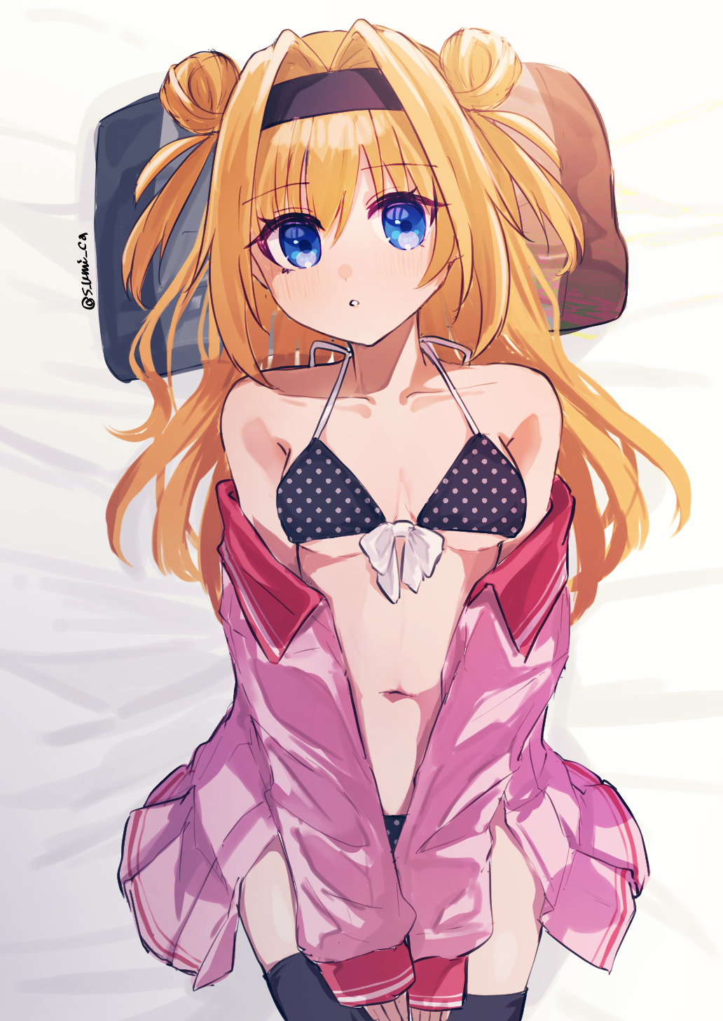 1girl bare_shoulders bikini black_bikini black_hairband black_thighhighs blonde_hair blue_eyes blush bow bow_bikini breasts ch2sh chitose_sana collarbone commentary cowboy_shot double_bun english_commentary eyes_visible_through_hair from_above front-tie_bikini_top front-tie_top hair_between_eyes hair_bun hair_intakes hair_spread_out hairband halterneck head_on_pillow highres long_hair long_sleeves looking_at_viewer lying miniskirt navel on_back open_clothes open_shirt open_skirt parted_lips pillow pink_serafuku pink_shirt pink_skirt polka_dot polka_dot_bikini school_uniform serafuku shirt skirt small_breasts solo swimsuit swimsuit_under_clothes tenshinranman thighhighs twitter_username two_side_up v_arms variant_set white_bow