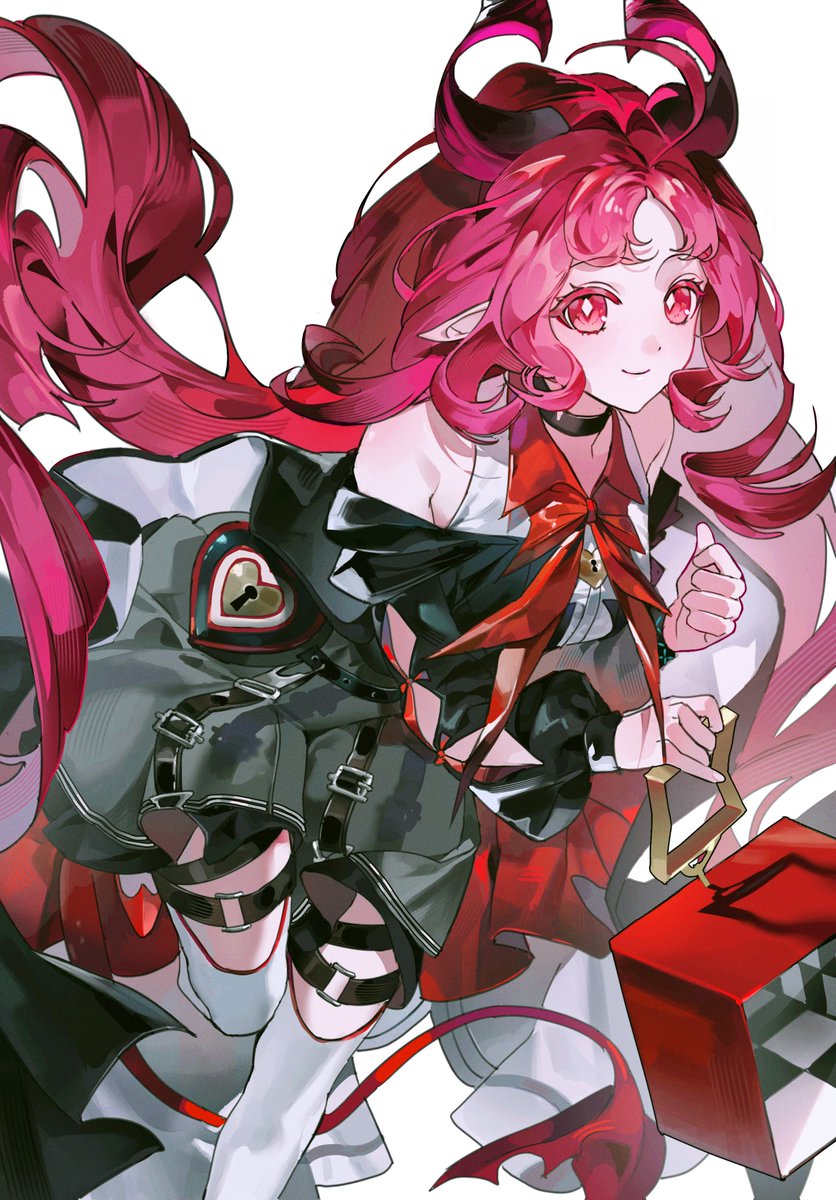 1girl arknights black_dress bow bowtie bright_pupils commentary demon_girl demon_horns demon_tail diamond-shaped_pupils diamond_(shape) dress feet_out_of_frame fsuusux highres holding holding_staff horns jewelry leaning_forward locket long_hair looking_at_viewer nymph_(arknights) off_shoulder parted_bangs pendant pink_hair pointy_ears red_bow red_bowtie simple_background smile solo staff standing standing_on_one_leg symbol-shaped_pupils tail thighhighs wavy_hair white_background white_pupils white_thighhighs