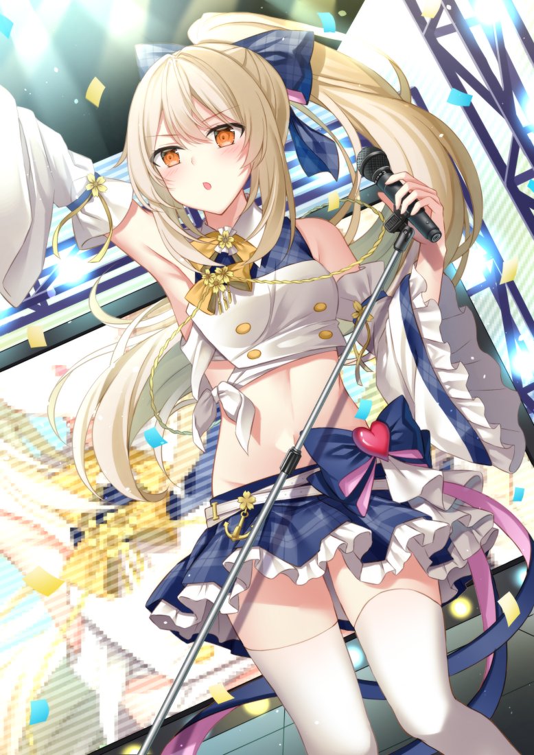 1girl armpits ayanami_(azur_lane) ayanami_(low-key_idol_@confused)_(azur_lane) azur_lane blue_skirt blurry commentary_request concert confetti depth_of_field detached_sleeves frilled_skirt frills hair_between_eyes hair_ribbon holding light_brown_hair long_hair long_sleeves looking_at_viewer microphone microphone_stand navel official_alternate_costume orange_eyes parted_lips plaid_clothes plaid_skirt pleated_skirt ponytail ribbon sidelocks skirt solo stomach sugisaki_yuu thighhighs wide_sleeves zettai_ryouiki