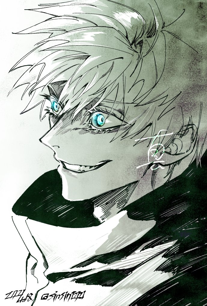 1boy bad_id bad_twitter_id blue_eyes dated gojou_satoru greyscale grin hair_between_eyes high_collar jacket jujutsu_kaisen male_focus monochrome shin_(sinsin12121) signature simple_background smile solo spot_color twitter_username