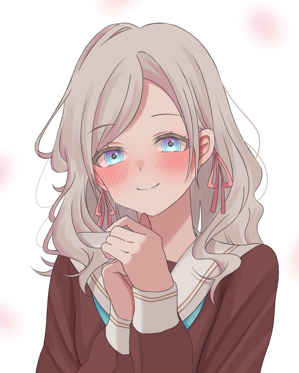 1girl aqua_neckerchief blue_eyes blush brown_dress ceras_yanagida_lilienfeld closed_mouth commentary dress grey_hair hair_ribbon hashtag-only_commentary hasu_no_sora_school_uniform highres kosaki_03 link!_like!_love_live! long_hair long_sleeves looking_at_viewer love_live! neckerchief own_hands_together pink_ribbon ribbon sailor_collar sailor_dress school_uniform simple_background smile solo split_mouth swept_bangs upper_body virtual_youtuber white_background white_sailor_collar winter_uniform