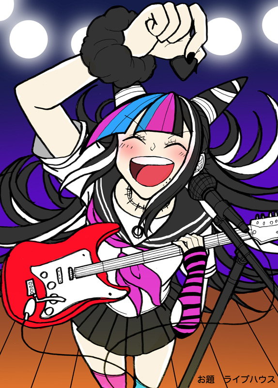 1girl ^_^ arm_up black_hair black_sailor_collar black_skirt blue_hair blush closed_eyes commentary_request danganronpa_(series) danganronpa_2:_goodbye_despair ear_piercing elbow_gloves electric_guitar eyelashes face_piercing fingerless_gloves flat_color gloves guitar hair_horns holding holding_guitar holding_instrument holding_plectrum instrument jewelry long_hair microphone microphone_stand mioda_ibuki mouth_piercing multicolored_hair murasaki_(deceive138) neckerchief necklace open_mouth piercing pink_hair pink_neckerchief plectrum sailor_collar school_uniform scrunchie serafuku shirt short_sleeves single_elbow_glove single_fingerless_glove single_glove skirt smile solo striped_clothes striped_gloves teeth translation_request two-tone_gloves upper_teeth_only white_hair white_shirt wrist_scrunchie