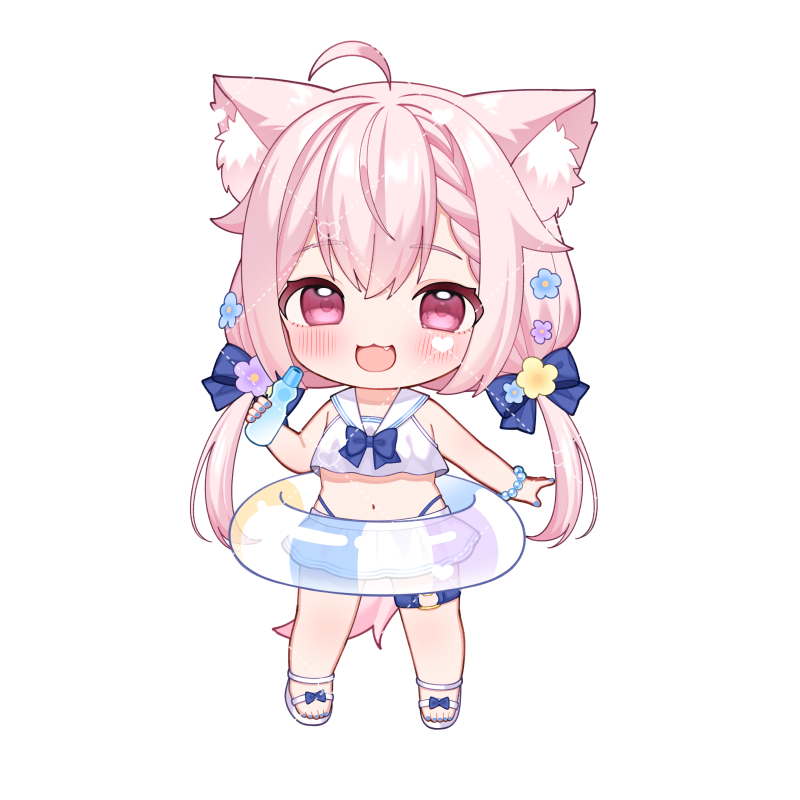 1girl :d animal_ear_fluff animal_ears bare_arms bare_shoulders bikini bikini_under_clothes blue_bikini blue_bow blue_flower blue_nails blush bottle bow braid braided_bangs chibi chitetan commentary_request copyright_request dotted_line fang flower full_body hair_bow hair_flower hair_ornament heart highleg highleg_bikini holding holding_bottle innertube low_twintails nail_polish navel open_mouth pink_hair purple_eyes purple_flower ramune sailor_collar sandals shirt simple_background skirt sleeveless sleeveless_shirt smile solo swim_ring swimsuit transparent twintails virtual_youtuber watermark white_background white_sailor_collar white_sandals white_shirt white_skirt yellow_flower