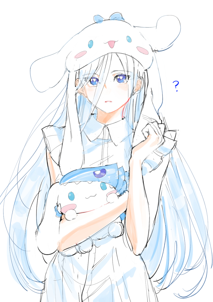 1girl blue-eyes_white_dragon blue-eyes_white_dragon_(cosplay) blue_eyes blush blush_stickers bow cinnamoroll cosplay creature crossover dress fuwa_fuwa_cinnamoroll hat holding holding_creature kisara_(yu-gi-oh!) long_hair looking_at_viewer moemoenomori sanrio upper_body white_background white_dress white_hair yu-gi-oh! yu-gi-oh!_duel_monsters