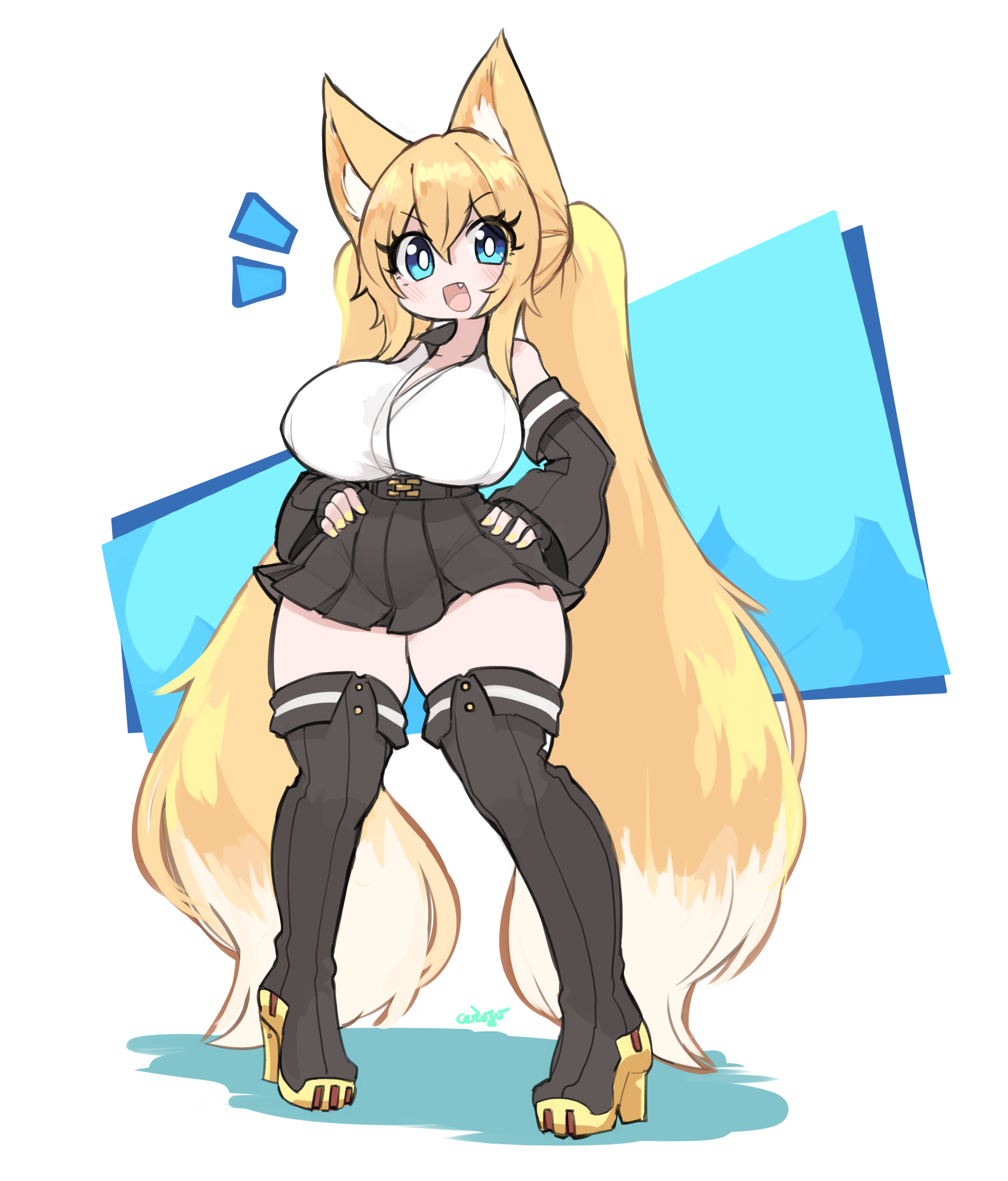 1girl absurdres alice_(flanaki) animal_ears bare_shoulders belt blonde_hair blue_eyes boots breasts ceroro commission commissioner_upload detached_sleeves fang female_focus fingerless_gloves fox_ears fox_girl gloves gradient_hair high_heel_boots high_heels highres large_breasts long_hair looking_at_viewer md5_mismatch multicolored_hair open_mouth original resolution_mismatch skirt smile solo source_smaller standing thick_thighs thighs twintails very_long_hair white_hair