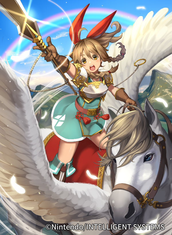 1girl ahoge blue_eyes boots bow braid brown_hair company_name day emma_(fire_emblem) feathered_wings fire_emblem fire_emblem_cipher fire_emblem_echoes:_shadows_of_valentia gloves i-la long_hair mountain nintendo official_art open_mouth orange_eyes pegasus pegasus_knight_uniform_(fire_emblem) polearm ponytail rainbow sky spear teeth weapon wings