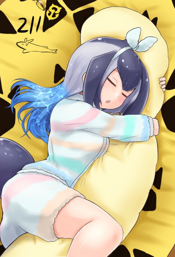 1girl alternate_costume blowhole blue_hair blue_pajamas blue_whale_(kemono_friends) bow cetacean_tail closed_eyes dorsal_fin fins fish_tail green_pajamas grey_hair hair_bow head_fins hugging_object japari_symbol kemono_friends kemono_friends_3 long_hair long_sleeves multicolored_hair multicolored_pajamas no_eyewear orange_pajamas pajamas pillow pillow_hug pink_pajamas short_shorts shorts sidelocks sleeping solo striped_clothes striped_pajamas tail tame_(sld8zoczefz9aau) unworn_eyewear whale_girl white_bow white_pajamas