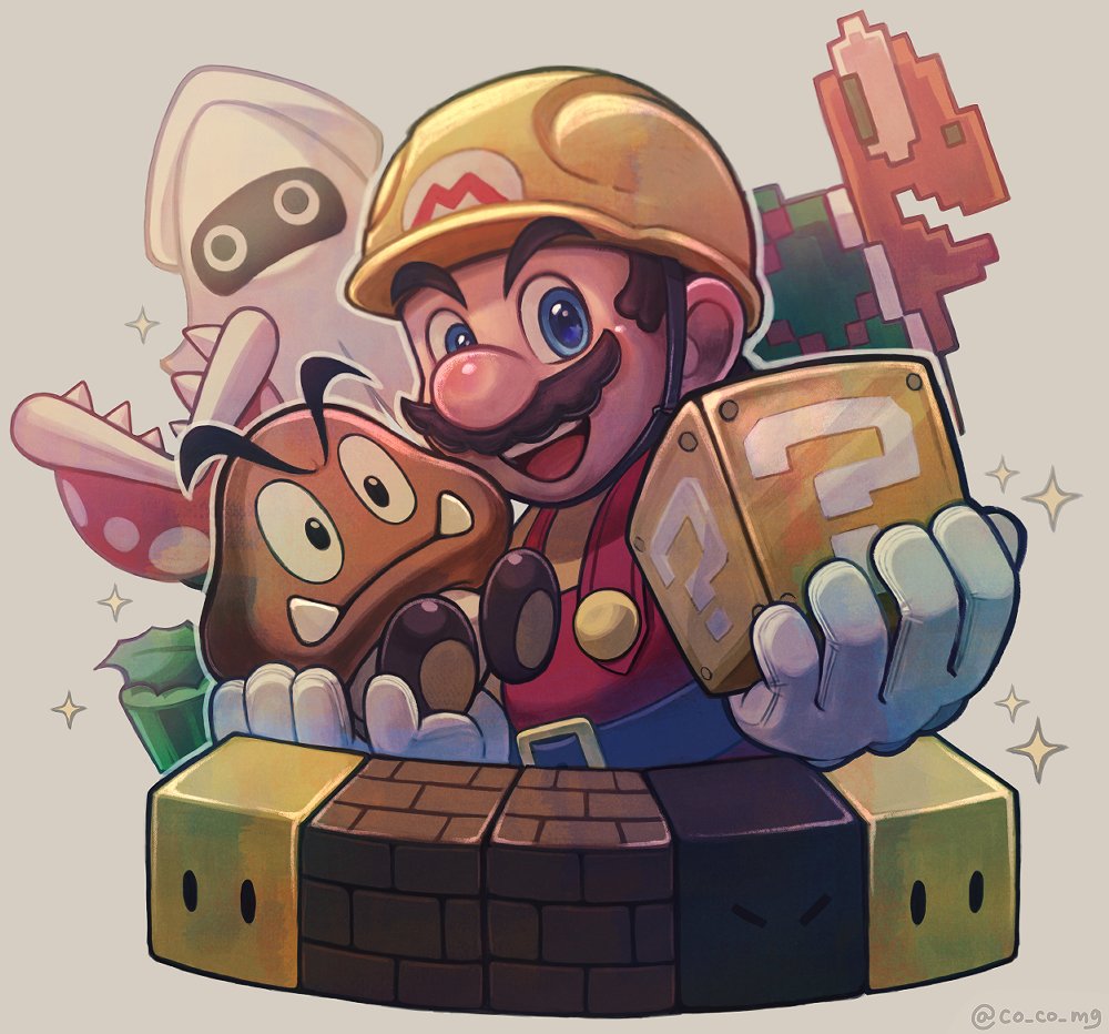 1boy :d ?_block artist_name block_(mario) block_(object) blooper_(mario) blue_eyes brick_block brown_hair builder_mario buttons closed_mouth co_co_mg commentary_request facial_hair gloves goomba grey_background hands_up hard_hat hat helmet holding koopa_troopa looking_at_viewer mario mario_(series) mustache nintendo open_mouth overalls piranha_plant red_overalls rotating_block sharp_teeth shirt short_hair simple_background smile sparkle super_mario_maker teeth tusks twitter_username upper_teeth_only v-shaped_eyebrows warp_pipe white_gloves yellow_headwear yellow_shirt