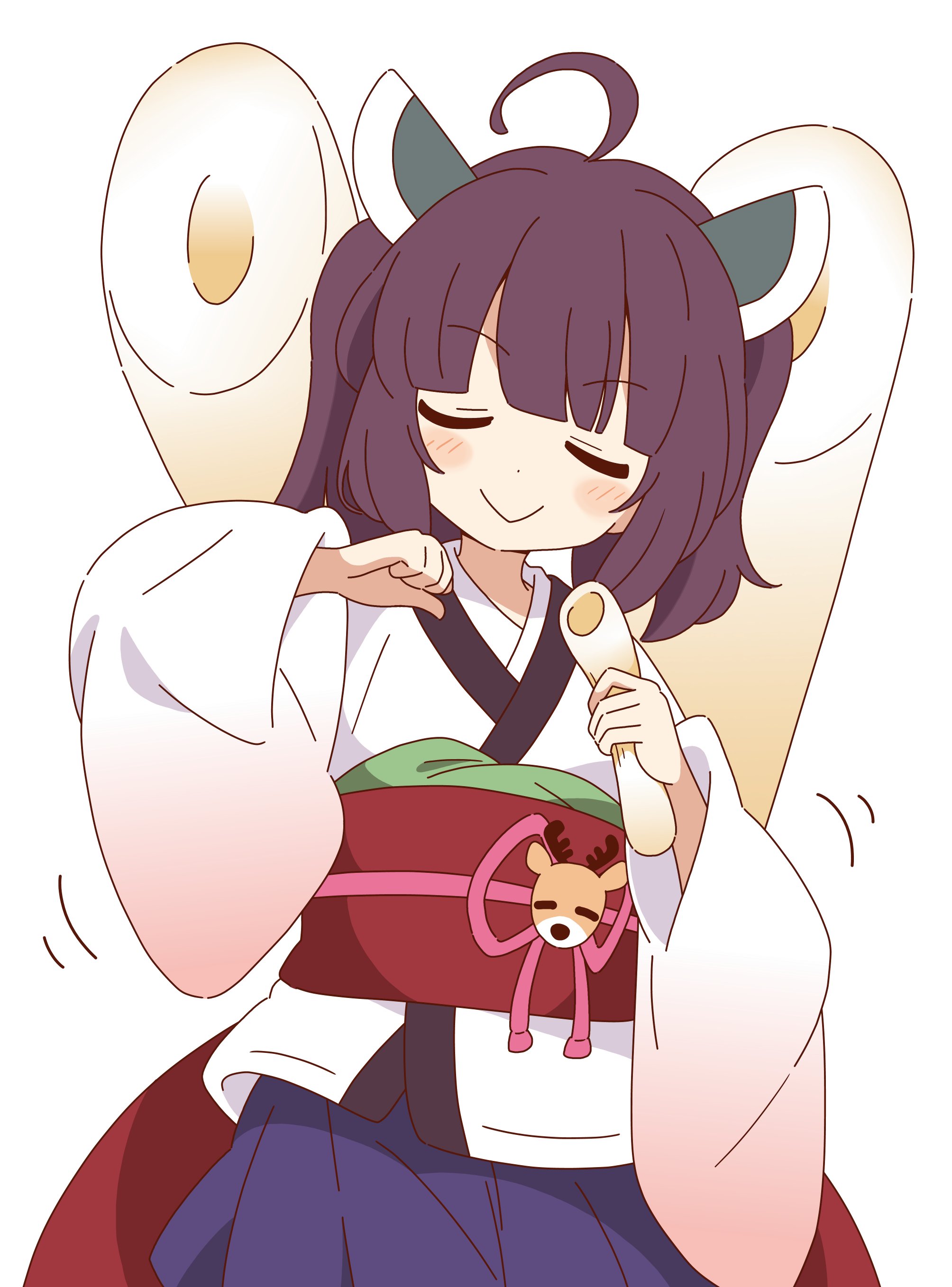 1girl :> absurdres ahoge blue_skirt blunt_bangs blush brown_hair closed_eyes closed_mouth commentary cowboy_shot dot_nose headgear highres japanese_clothes kimono long_sleeves meme obi red_sash sash shikairo_days_dance_(meme) short_hair short_kimono short_yukata simple_background skirt smile solo touhoku_kiritan voiceroid white_background white_kimono yukata zungurimukkuri_tarou