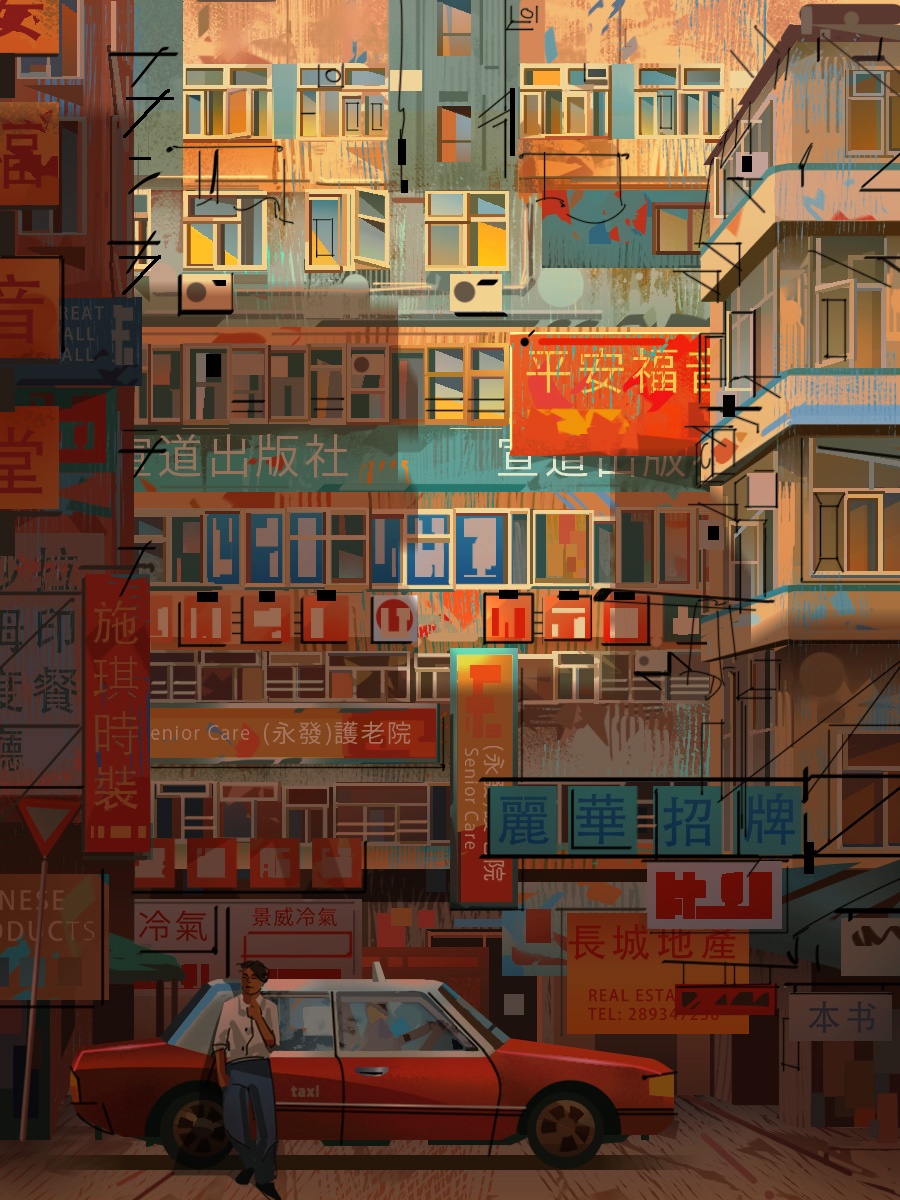 1boy black_hair blue_pants building car city complex_exterior day highres hong_kong motor_vehicle original outdoors pants road scenery shadow sign solo standing street sunlight taxi wide_shot window yingshiart