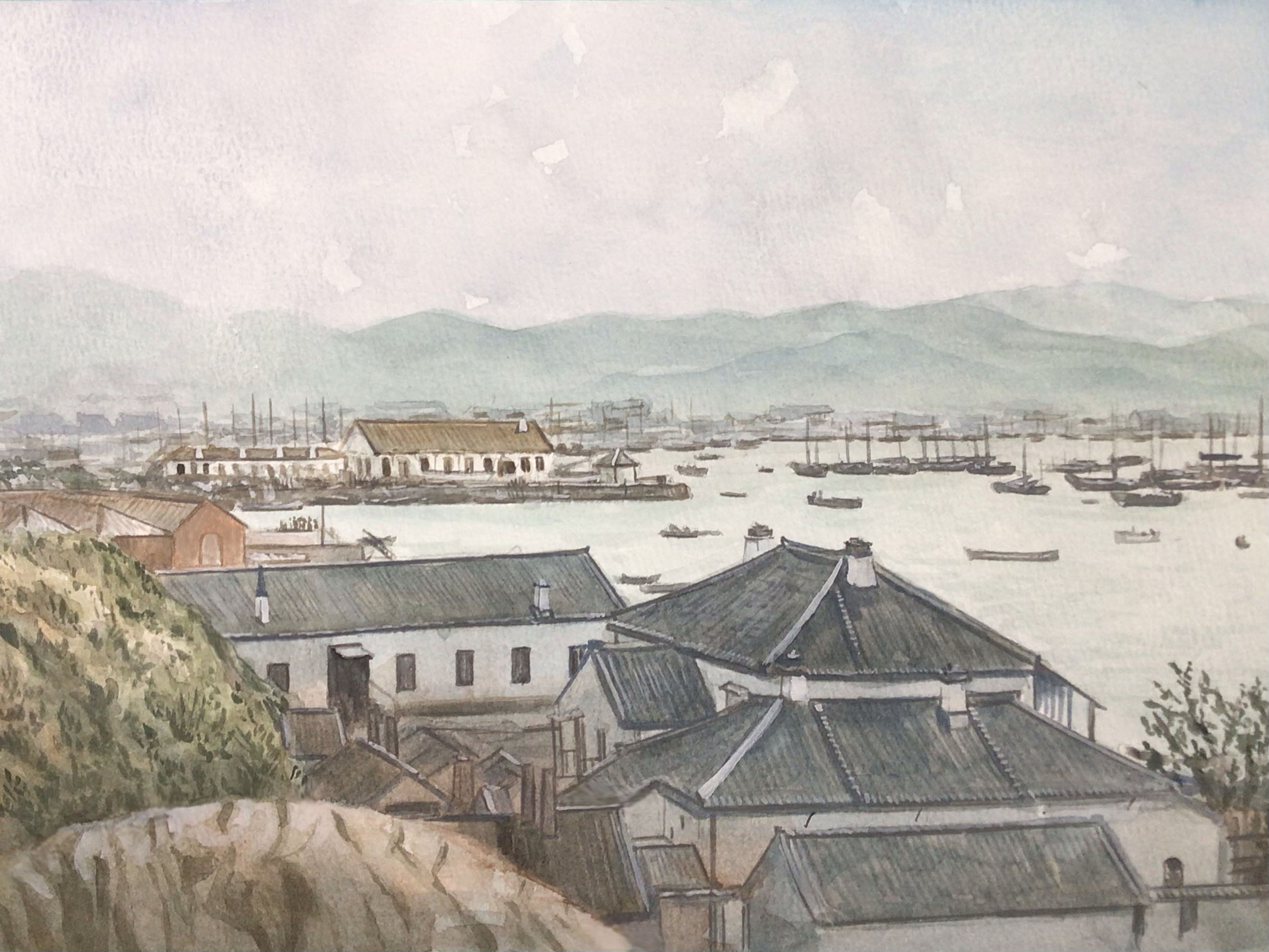 atelier_bono cloud cloudy_sky harbor highres house japan mountainous_horizon no_humans original painting_(medium) port scenery ship sky traditional_media watercolor_(medium) watercraft