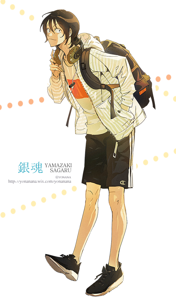1boy backpack bag brown_hair character_name closed_mouth contemporary copyright_notice full_body gintama headphones headphones_around_neck hood hoodie jacket looking_at_viewer male_focus open_clothes open_jacket sanpaku shoes shorts smile sneakers solo yamazaki_sagaru yonsang21