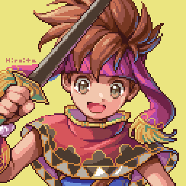 1boy :d artist_name bandana blue_shirt brown_eyes brown_hair commentary_request hiroita holding holding_sword holding_weapon looking_at_viewer lowres mantle open_mouth pink_bandana pixel_art pointy_hair randi_(seiken_densetsu_2) seiken_densetsu seiken_densetsu_2 shirt simple_background smile solo sword weapon yellow_background