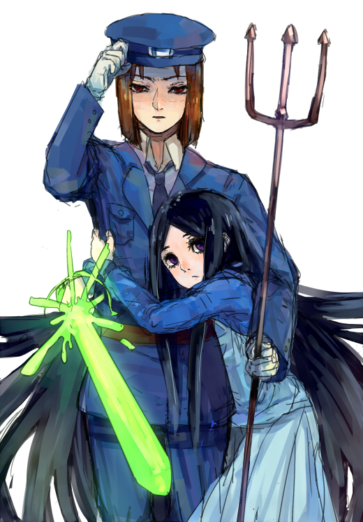 1boy 1girl black_hair crossover expressionless funetsuki hand_on_headwear height_difference hetero hug long_hair looking_at_viewer older_(game) polearm purple_eyes sketch sword takashi_(older) tec_(game) theta_(543243462) trident uniform very_long_hair weapon