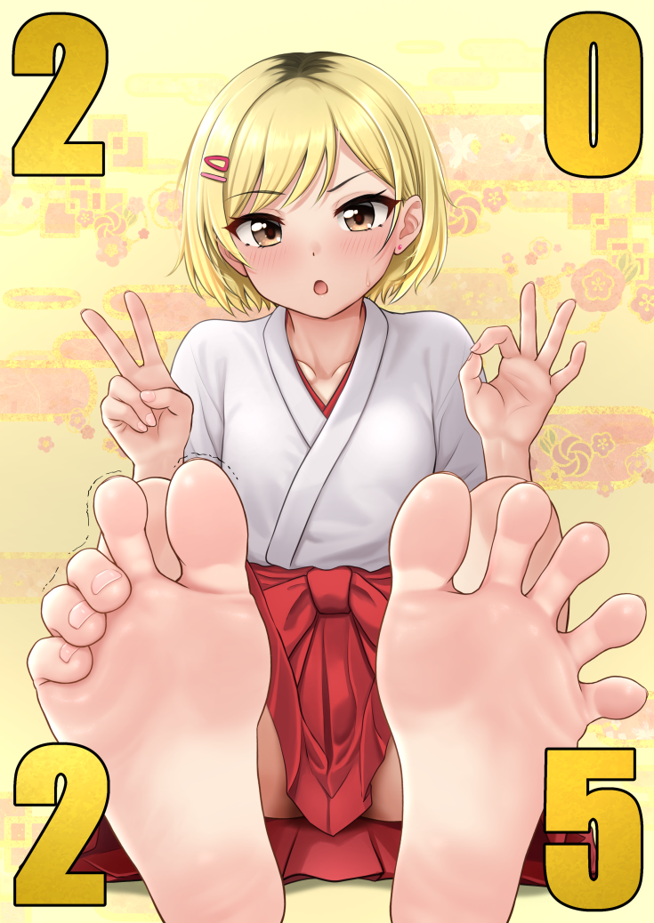 1girl barefoot blonde_hair blush brown_eyes feet hinosaki japanese_clothes looking_at_viewer medium_hair miko open_mouth soles toes