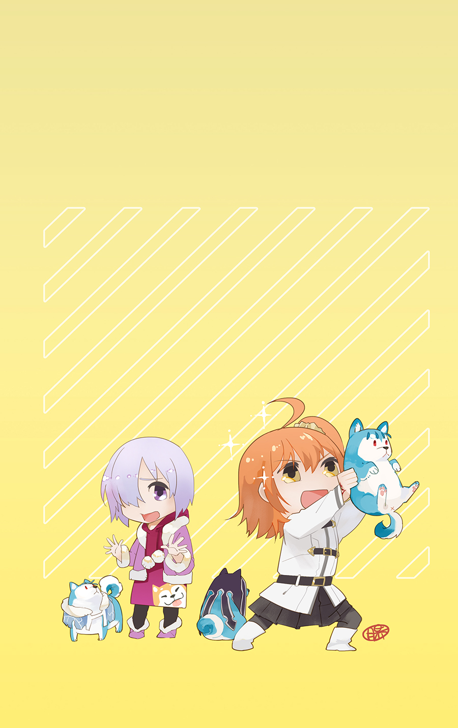 2girls ahoge animal boots capelet chaldea_uniform cu_chulainn_(caster)_(fate) cu_chulainn_(fate) cu_chulainn_(fate/stay_night) cu_chulainn_alter_(fate) cu_chulainn_alter_(fate/grand_order) dog fate/grand_order fate_(series) fujimaru_ritsuka_(female) fur-trimmed_boots fur-trimmed_jacket fur_trim guttia hair_ornament hair_over_one_eye hair_scrunchie highres holding holding_animal hood hood_up jacket lifting_animal light_purple_hair mash_kyrielight multiple_girls one_side_up orange_hair purple_eyes purple_hair scarf scrunchie shiba_inu side_ponytail sparkle yellow_eyes