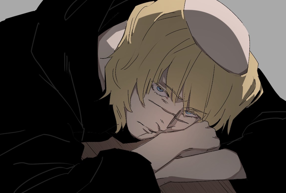 1boy badeni black_robe blonde_hair blue_eyes blunt_bangs chi.:_chikyuu_no_undou_ni_tsuite closed_mouth crossed_arms grey_background long_sleeves looking_at_viewer male_focus nattuiuriowari robe scar scar_on_face scar_on_mouth scar_on_nose short_hair solo tonsure upper_body
