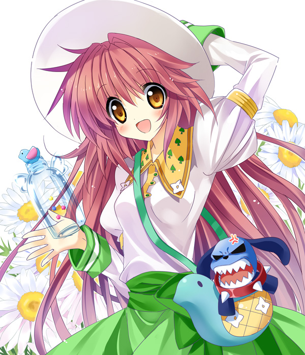00s 1girl anger_vein angry collar daisy_(flower) female_focus flower hanato_kobato hat ioryogi jar kobato. long_hair open_mouth paco smile solo spiked_collar spikes stuffed_animal stuffed_toy sunflower very_long_hair