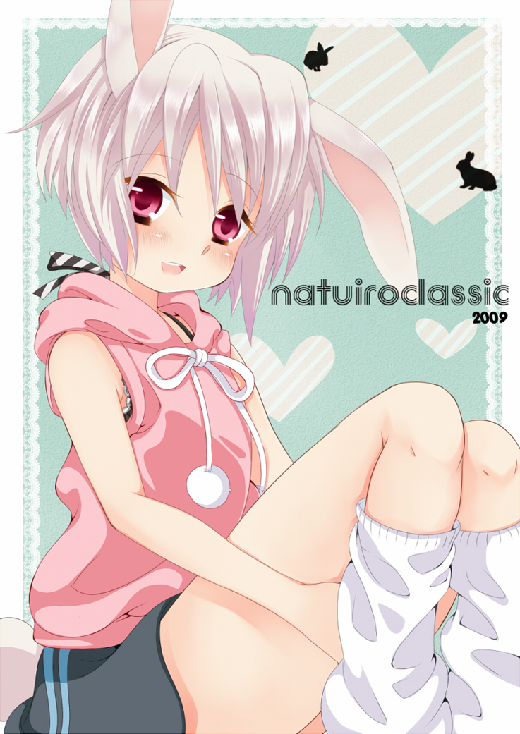 1girl animal_ears bra child female_focus hood hoodie kneehighs lingerie loose_socks neko_(natsuiroclassic) original pink_eyes rabbit_ears rabbit_tail short_hair skirt sleeveless socks solo tail underwear white_hair
