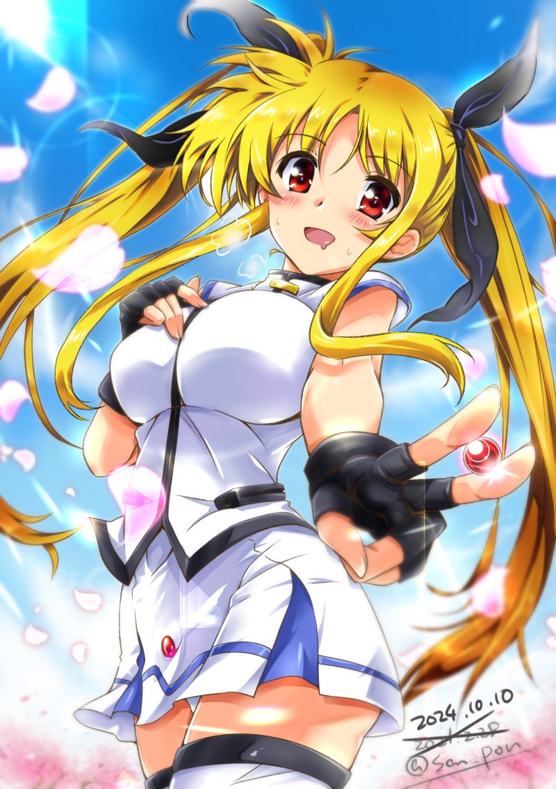 1girl alternate_costume black_gloves blonde_hair blush breasts dated fate_testarossa fingerless_gloves gloves hair_ribbon large_breasts long_hair lyrical_nanoha mahou_shoujo_lyrical_nanoha_strikers microskirt open_mouth outdoors panties pantyshot raising_heart red_eyes ribbon saliva san-pon signature skirt sky smile solo thighhighs twintails underwear white_panties white_thighhighs